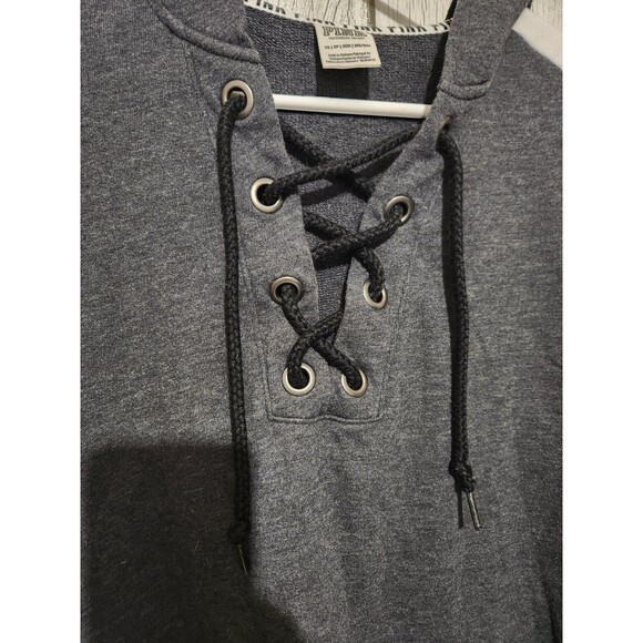 Victoria's Secret PINK Hoodie XS Logo Gray White Stripe Lace Up Neckline Slits - Picture 5 of 9